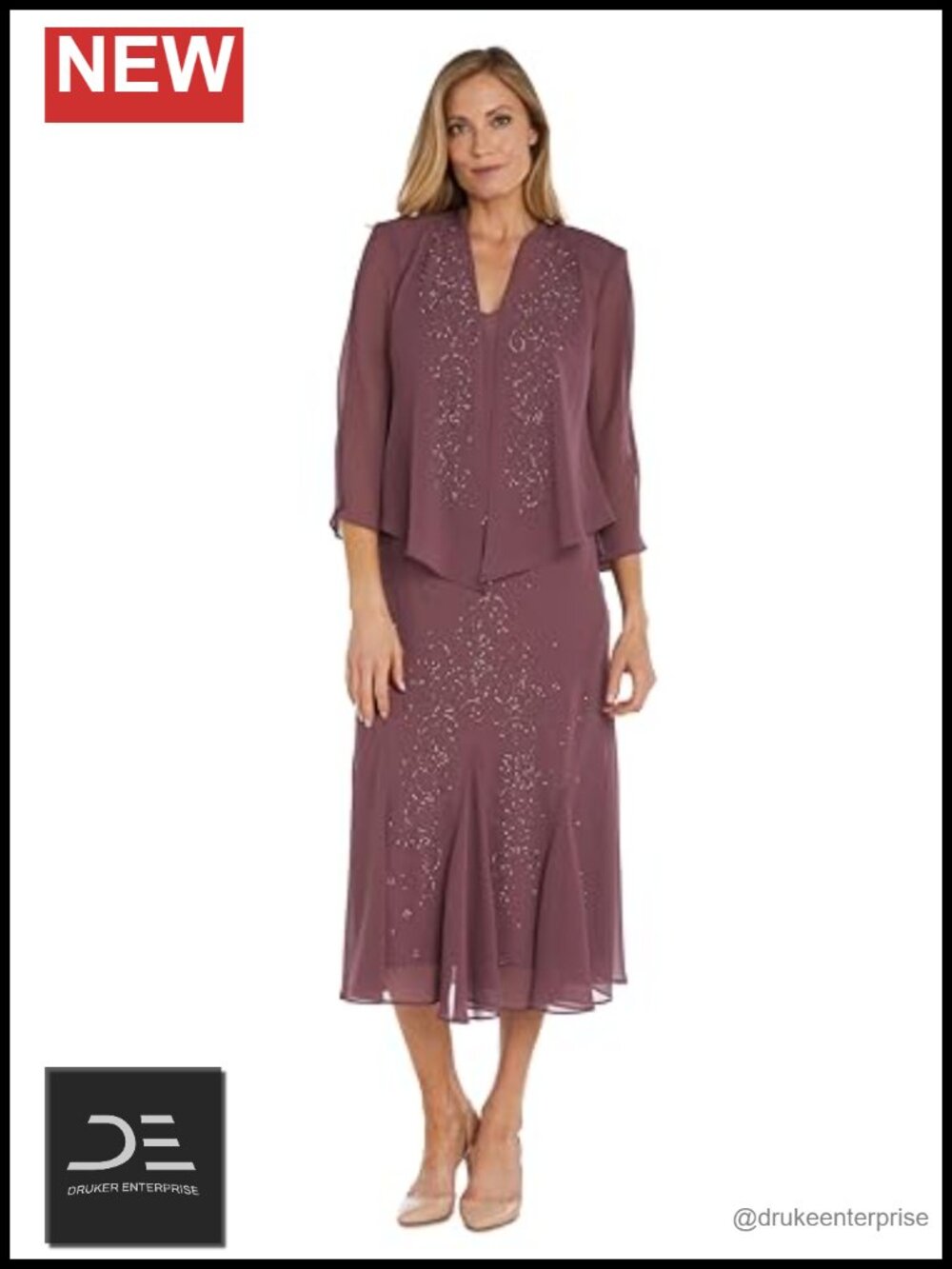 R&M Richards Margaret Beaded Georgette Tea-Length Dress & Jacket